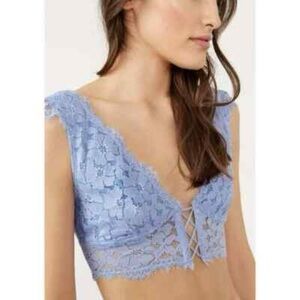 Free People Light Blue In Clouds Guipure Lace Longline Bra, Size XL